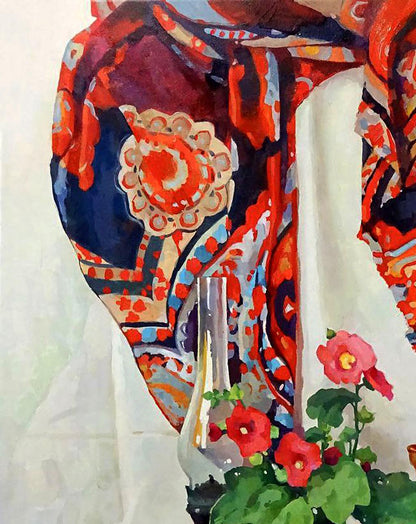 Oil painting still life with hollyhocks by Anastasia Yaroshevich, vibrant scarf