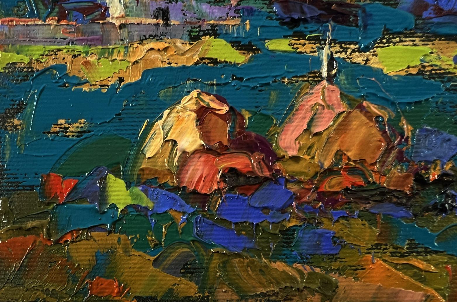 Oil painting Morning Country Breeze by Oleksiy Ivanyuk vibrant teal rocks