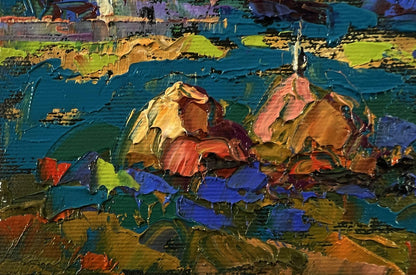 Oil painting Morning Country Breeze by Oleksiy Ivanyuk vibrant teal rocks