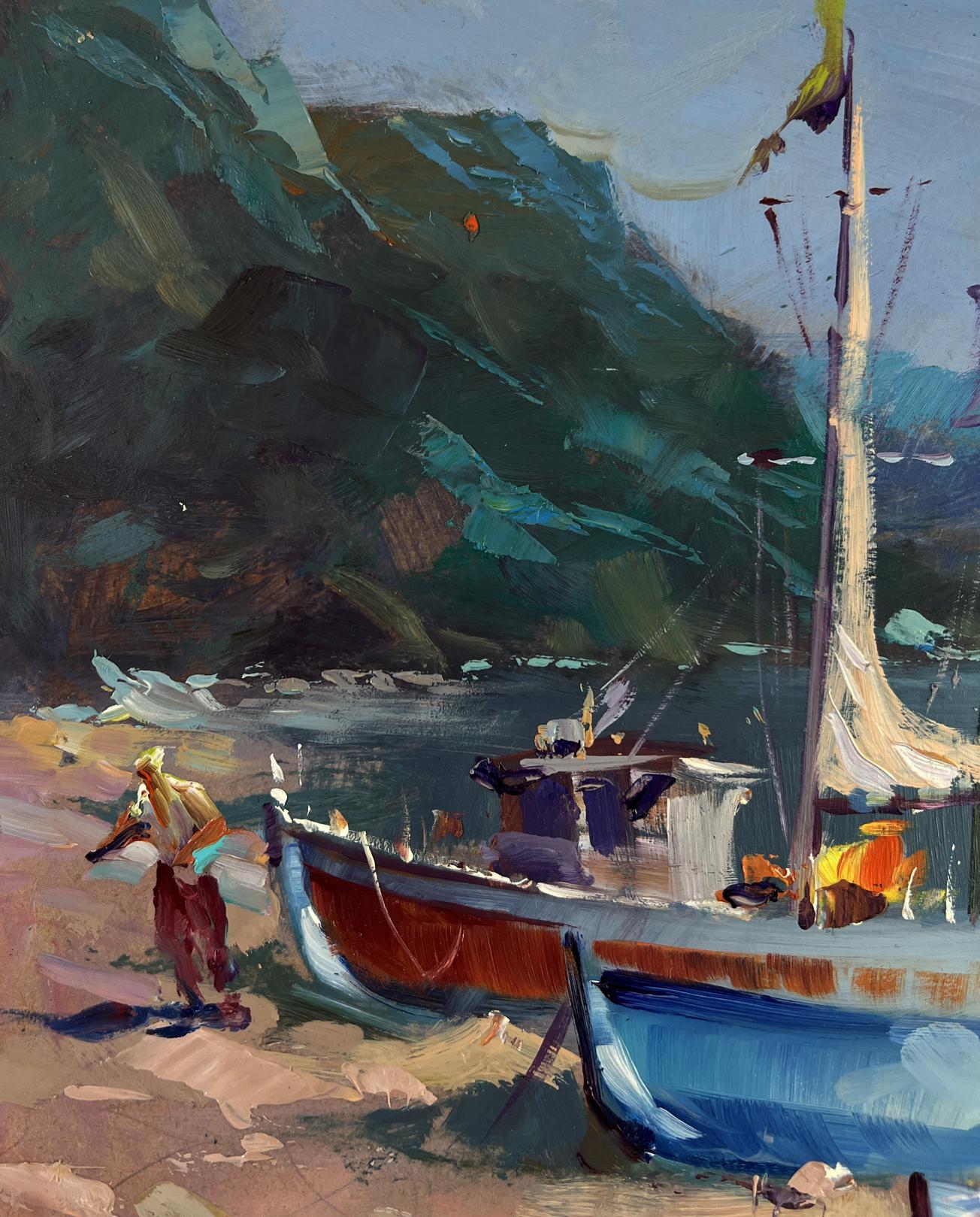 Vibrant oil painting of red blue fishing boat by Yuri Suprunchuk