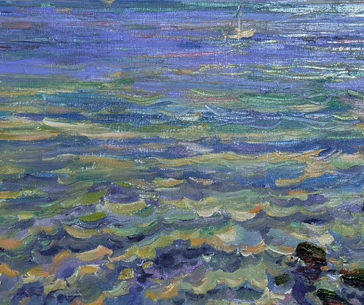 Oil painting Quiet sea evening by Leonid Pavlenko small white sailboat on vibrant sea