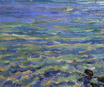 Oil painting Quiet sea evening by Leonid Pavlenko small white sailboat on vibrant sea
