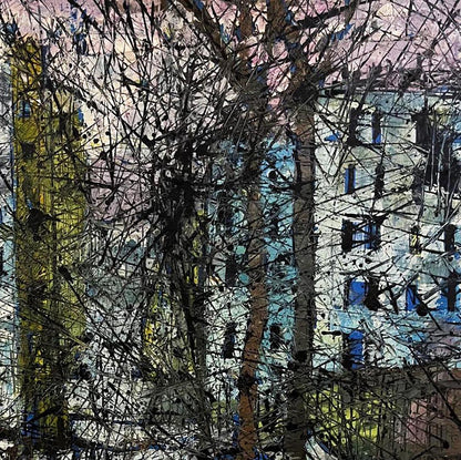 Oil painting Descending from the stairs by Serhiy Kovalev with bold black strokes