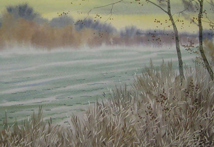 Watercolor painting Autumn mood by the river by Valery Savenets
