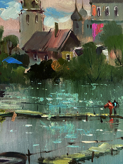 Vibrant impressionist oil painting of river near church by Yuriy Suprunchuk