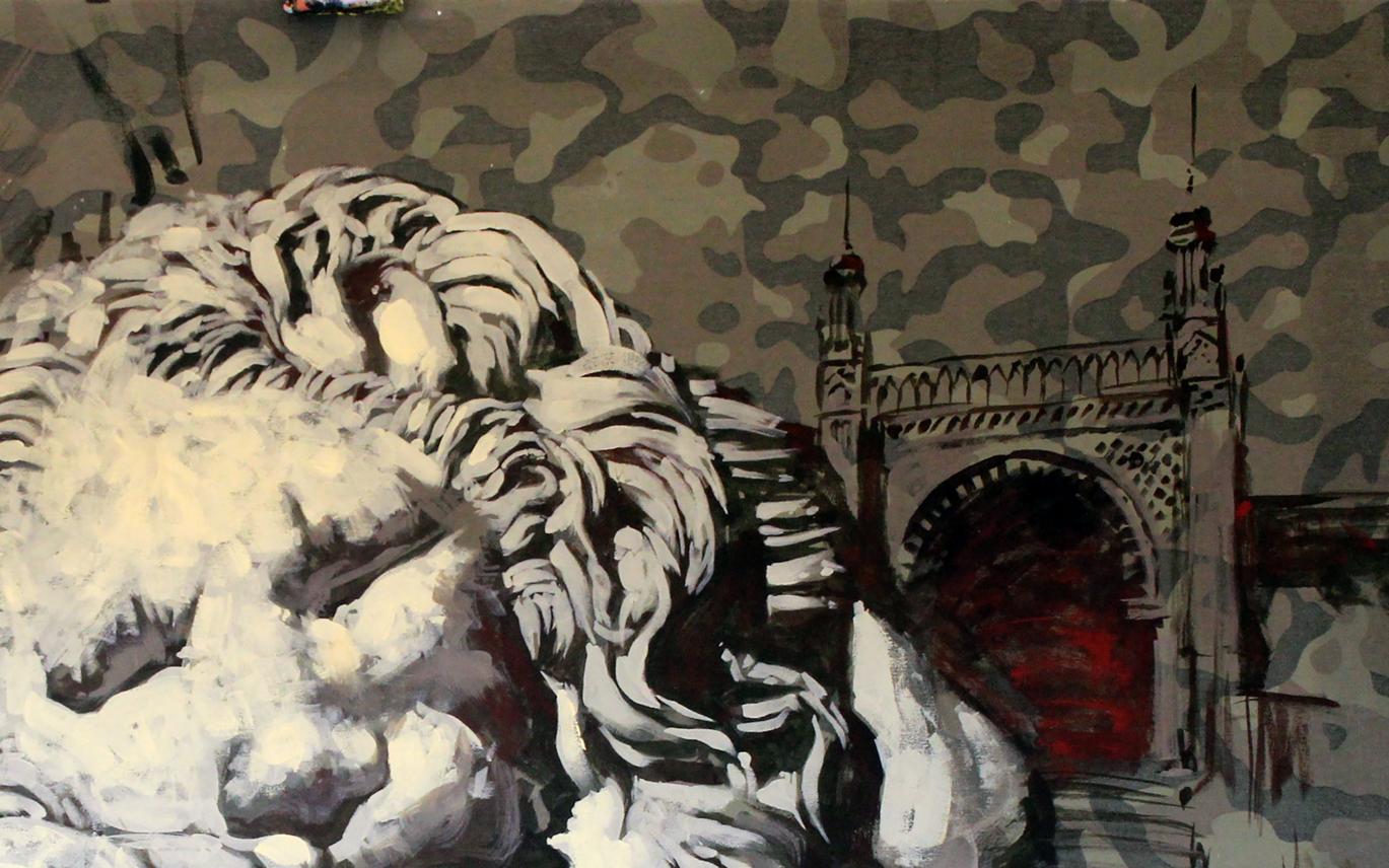Textured monochromatic lion head sculpture with intricate mane in Sleep Ed Potapenkov oil painting