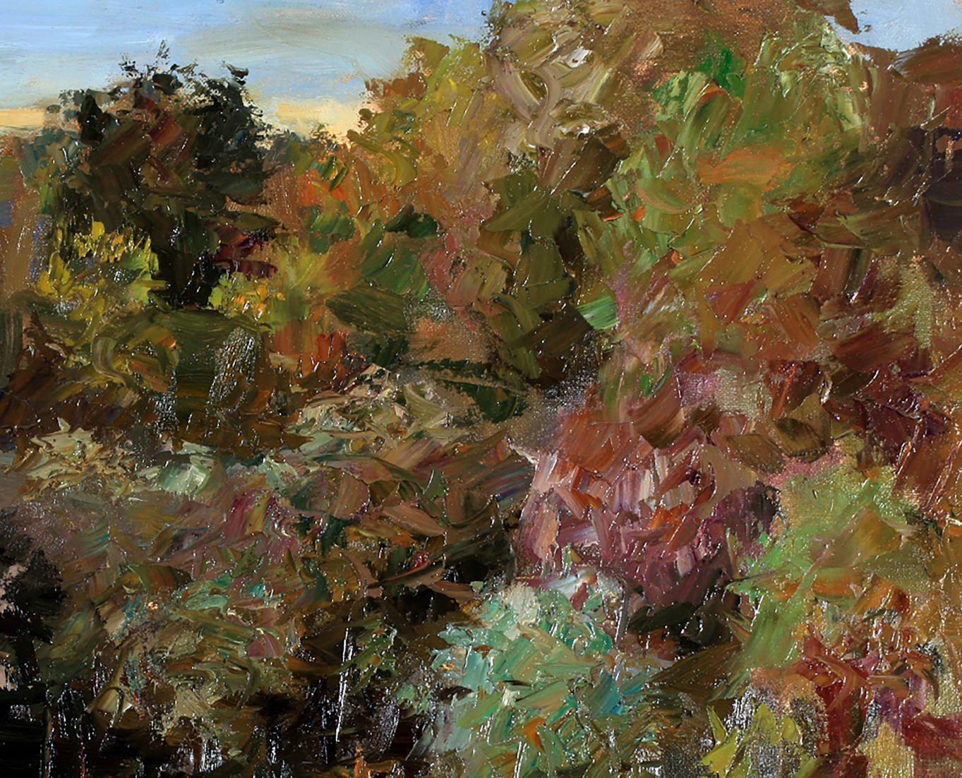 Oil painting Masonry Boris Serdyuk: textured autumn foliage in greens, oranges, browns
