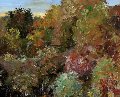 Oil painting Masonry Boris Serdyuk: textured autumn foliage in greens, oranges, browns