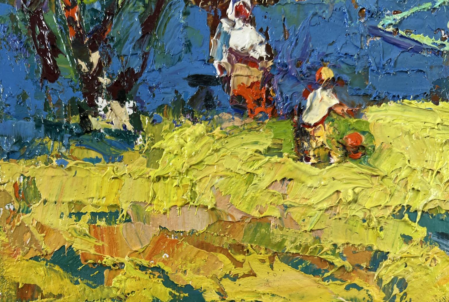 Vibrant Oleksiy Ivanyuk oil painting Day beneath the sky with textured yellow green grass under blue sky