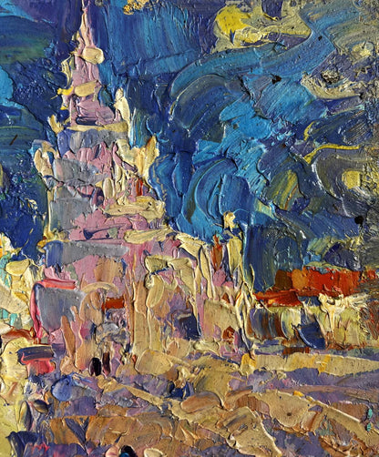 Vibrant impressionist oil painting of city tower on sunny day by Oleksiy Ivanyuk