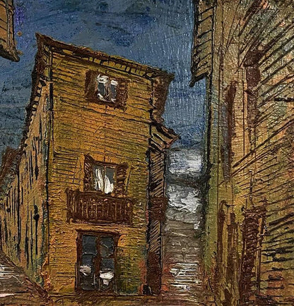 Oil painting of ochre-yellow brick urban slums by Serhiy Kovalev