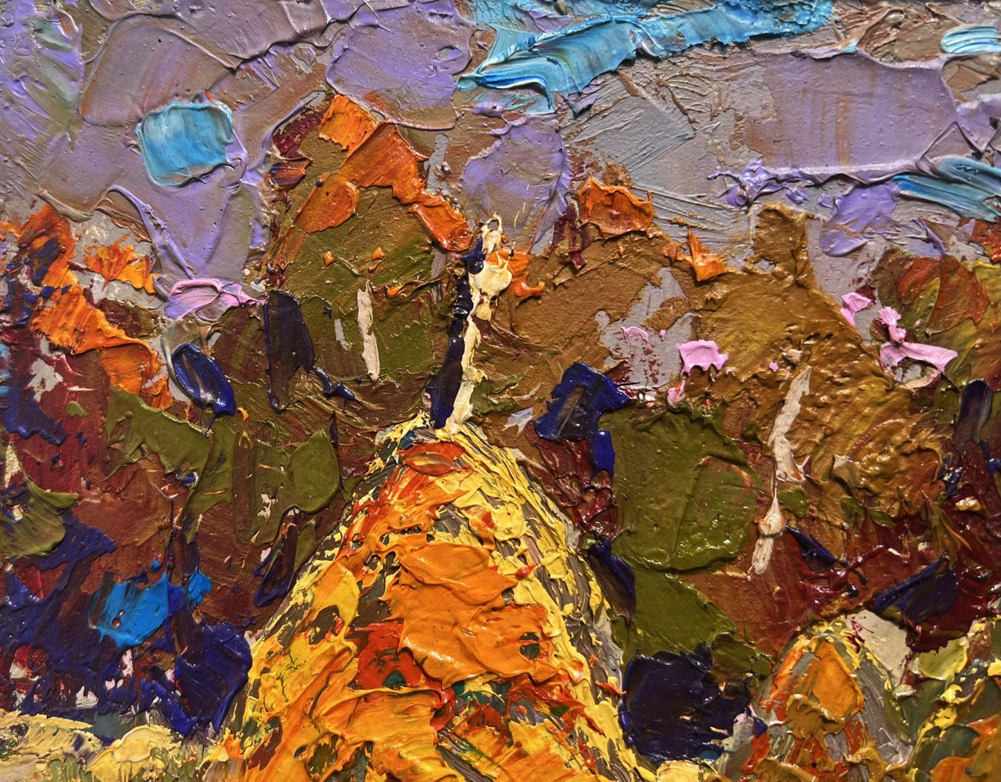 Vibrant oil painting Haystacks in the field by Oleksiy Ivanyuk with impasto strokes