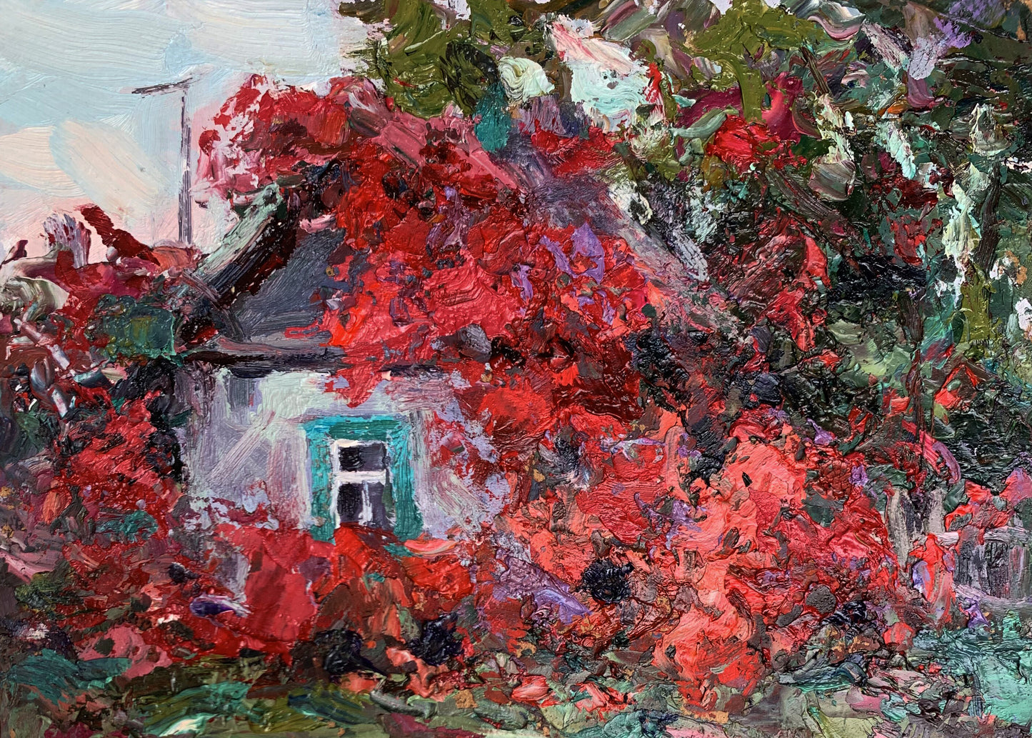 Vibrant impressionist painting of white house with teal windows in lush foliage by Alexander Cherednichenko