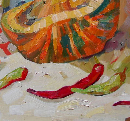 Oil painting Radish by Tatyana Shulyak: sliced orange pumpkin, chili peppers