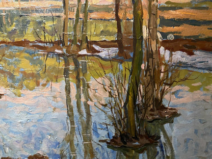 Oil painting Spring flood by Boris Talko: trees in shallow water with snow reflections