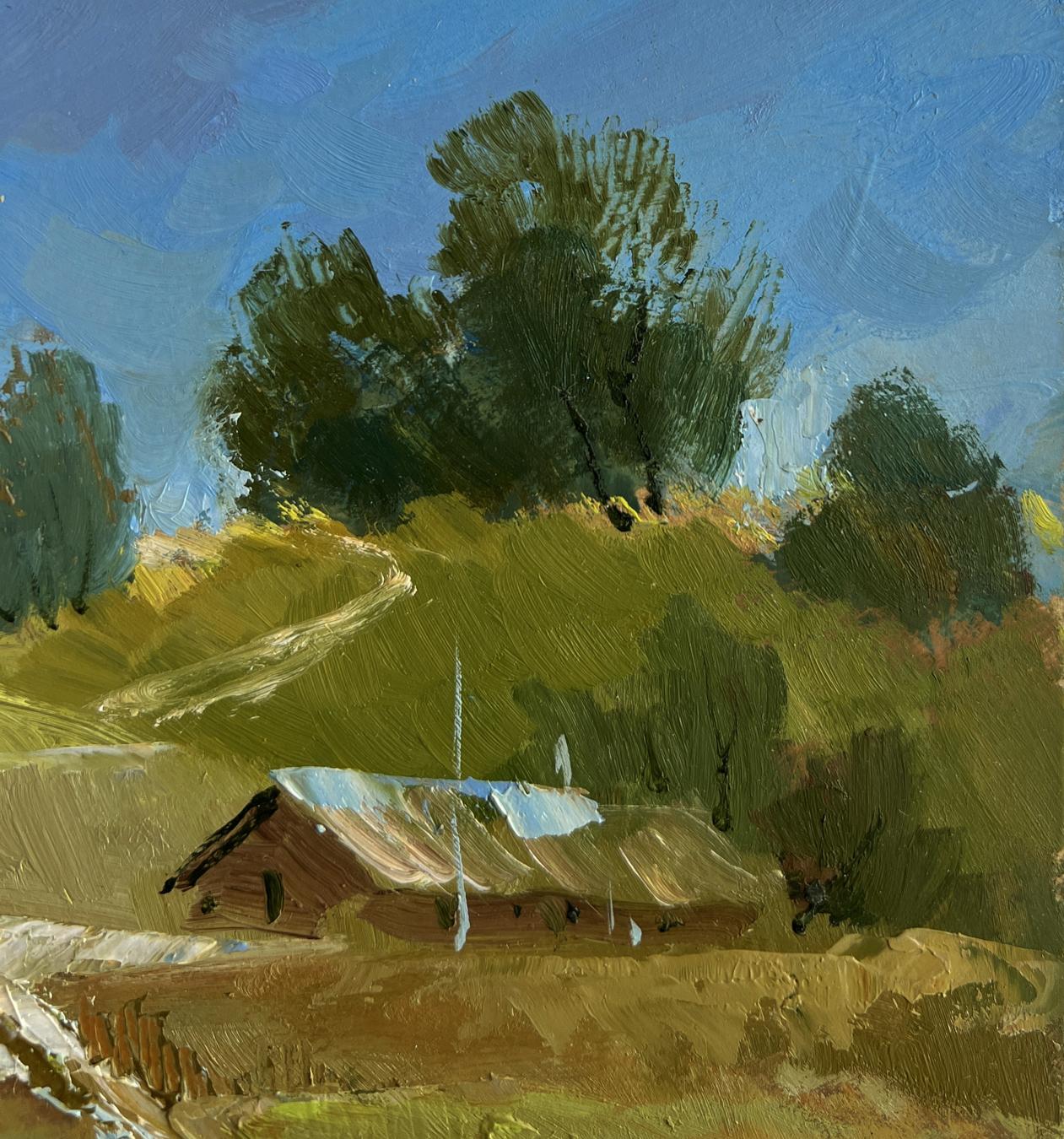 Oil painting of rustic cabin path in village by Yuriy Suprunchuk