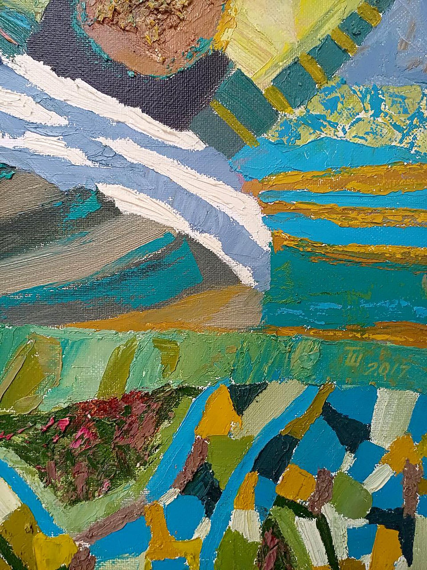 Vibrant abstract oil painting Dark day by Tatyana Shulyak in teal blue yellow white
