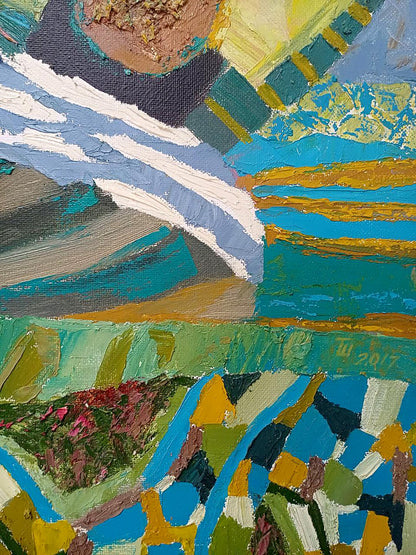 Vibrant abstract oil painting Dark day by Tatyana Shulyak in teal blue yellow white