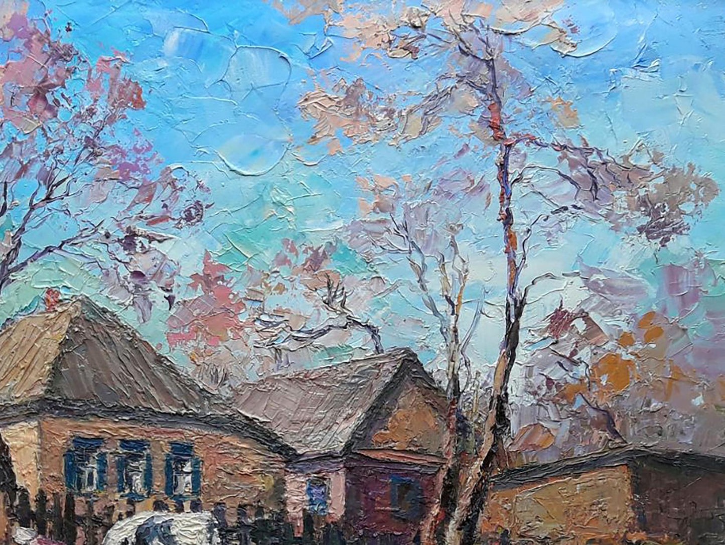Oil painting rural landscape by Boris Serdyuk, rustic village scene
