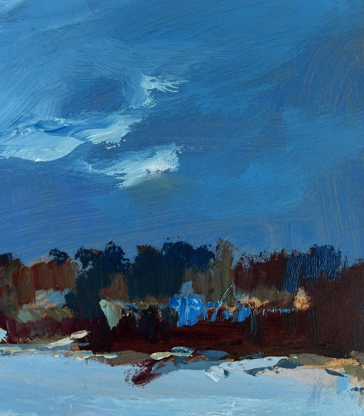 Oil painting Frozen winter river by Yuriy Suprunchuk, abstract blue sky over landscape