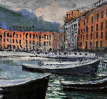 Oil painting by Serhiy Kovalev: canal with boats and brick buildings