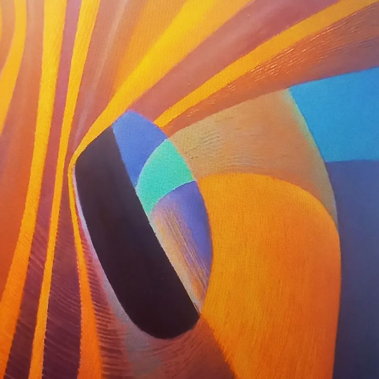 Vibrant oil painting by Alexander Strashevich: orange yellow swirls, blue geometric center
