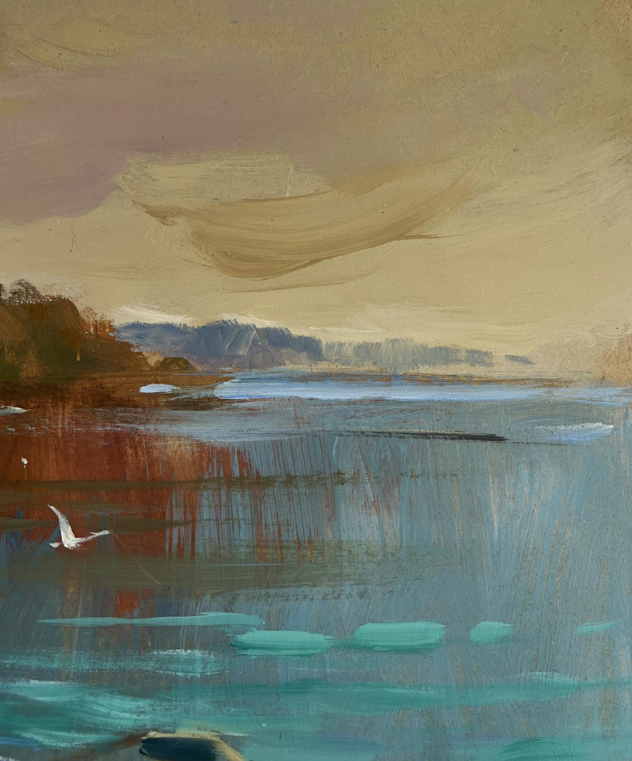 Serene impressionist oil painting by Yuriy Suprunchuk of tranquil lake with birds