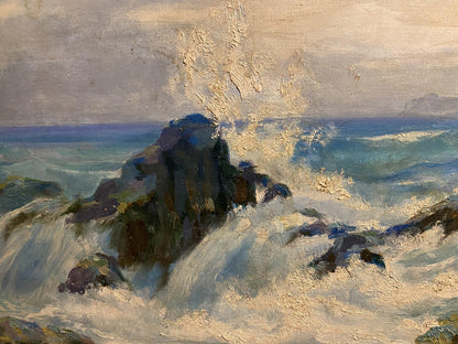 Oil painting Gurzuf by K.P. Inzavicius: turbulent waves crashing on rocks