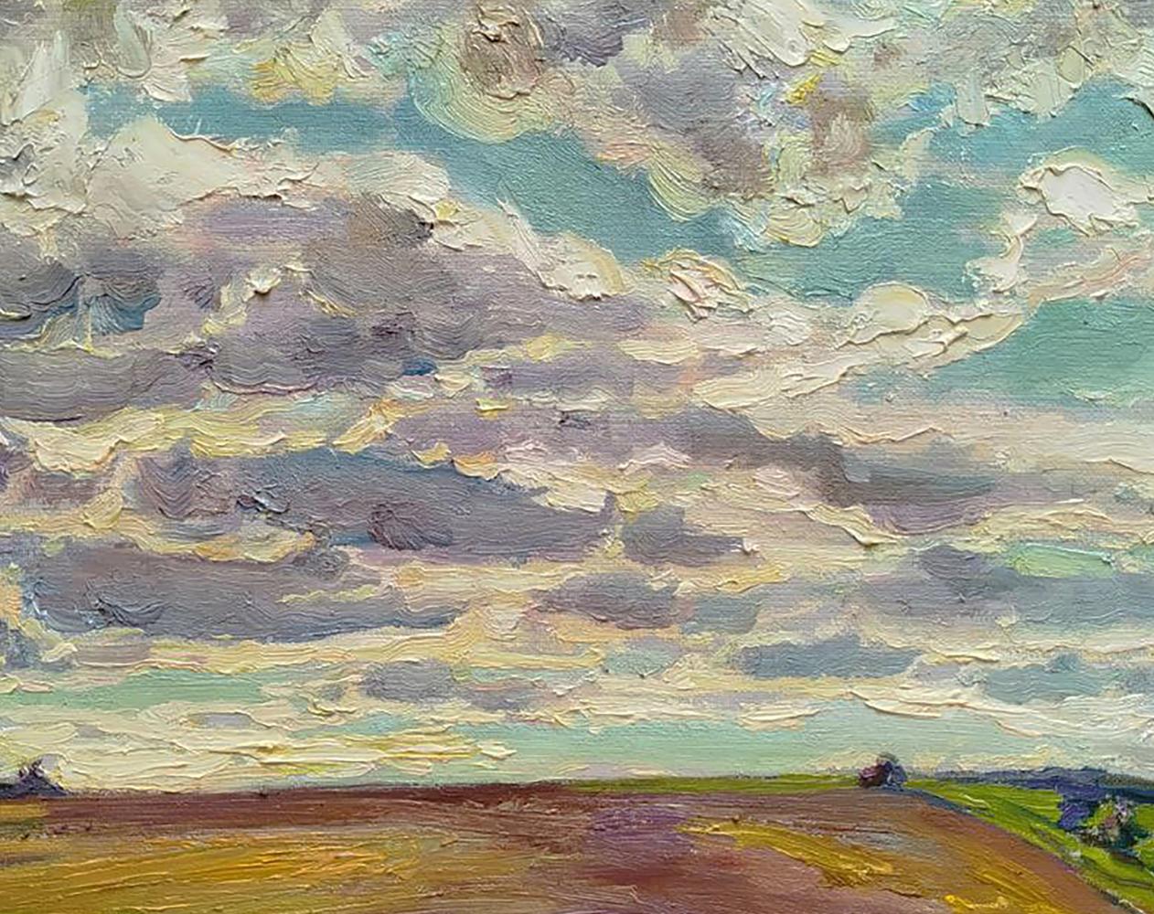 Oil painting On a July day by Leonid Pavlenko: dramatic gray clouds over golden field