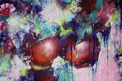 Oil painting Summer night by Alexander Dobrodiy with red apples and leaves