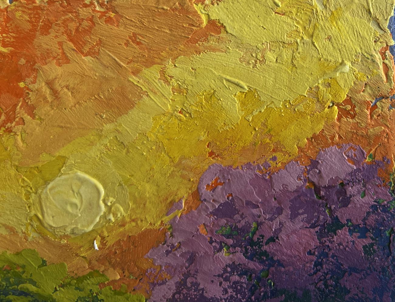 Oil painting The spring scent of blooming fields by V. Zadorozhnya with yellow, orange, purple strokes