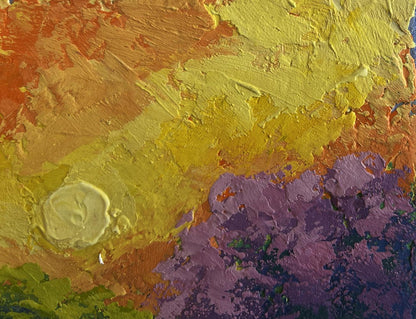 Oil painting The spring scent of blooming fields by V. Zadorozhnya with yellow, orange, purple strokes