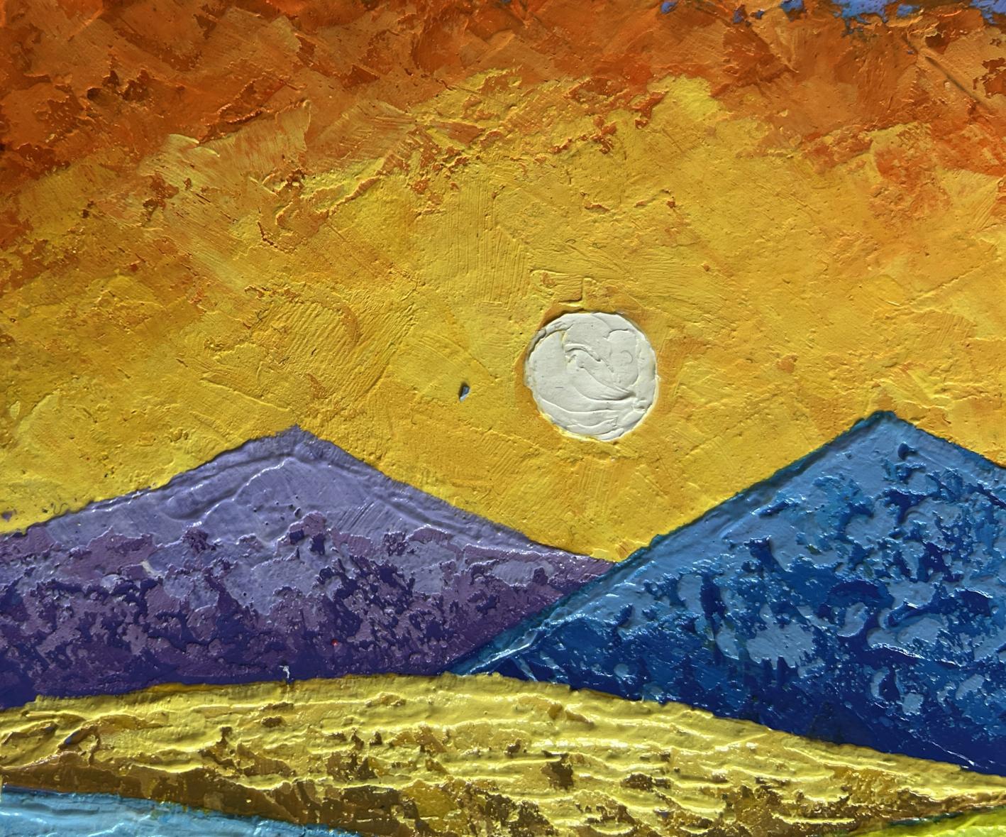 Oil painting by V. Zadorozhnya: vibrant summer sunset over flowering slopes