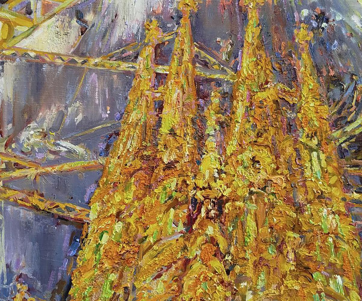 Oil painting of Temple of the Holy Family by Leonid Pavlenko, golden spires