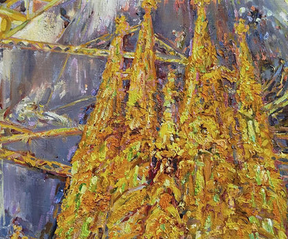Oil painting of Temple of the Holy Family by Leonid Pavlenko, golden spires
