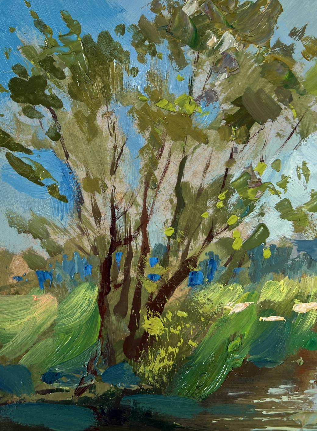 Vibrant impressionist oil painting of quiet forest river tree by Yuriy Suprunchuk