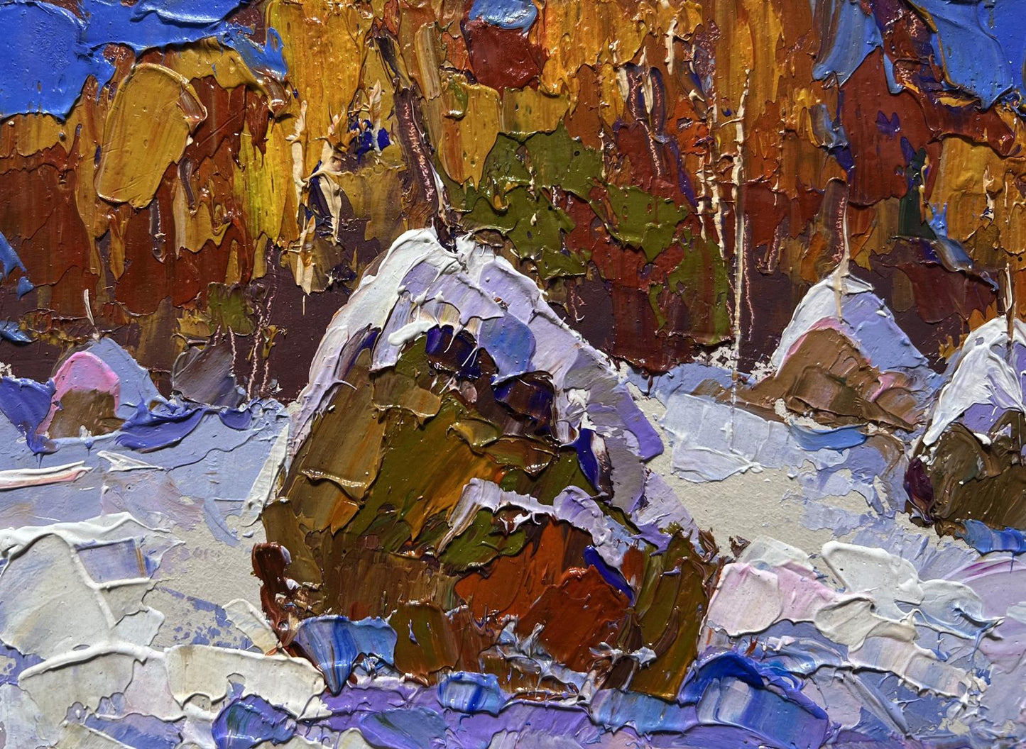 Impasto oil painting Winter night in nature by Oksana Ivanyuk, snowy rocks