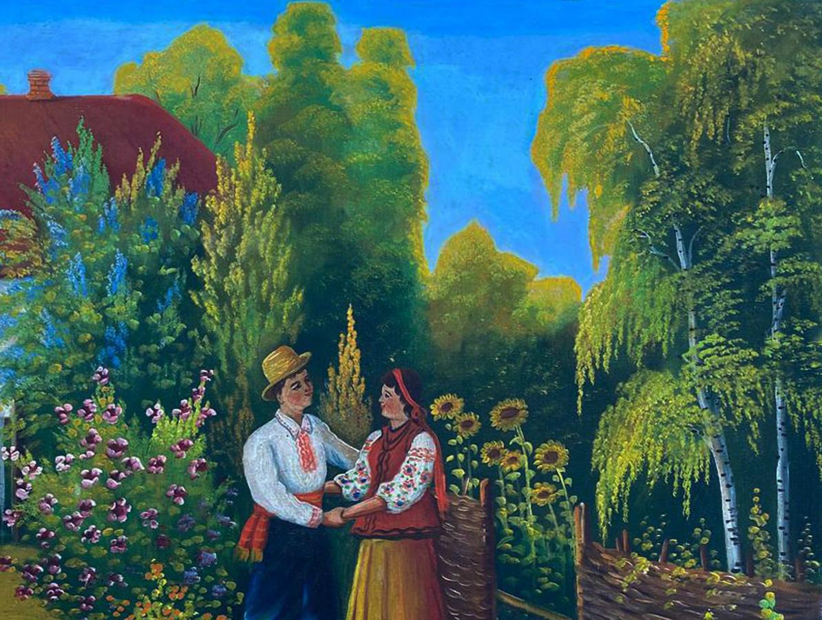 Oil painting Near the bridge: vibrant folk couple in traditional attire amid lush greenery