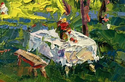 Oil painting In the Morning in the Clearing by Oksana Ivanyuk amid green foliage
