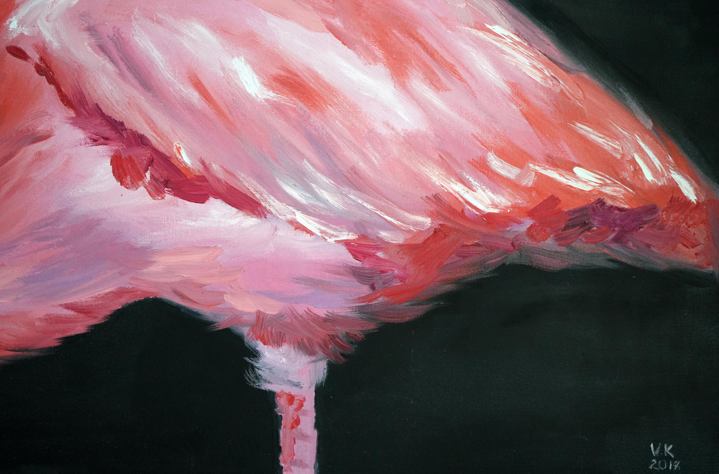 Oil painting of vibrant pink flamingo by Victoria Kagalovska