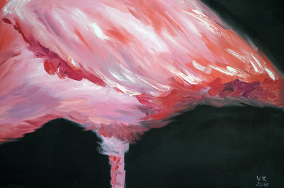 Oil painting of vibrant pink flamingo by Victoria Kagalovska