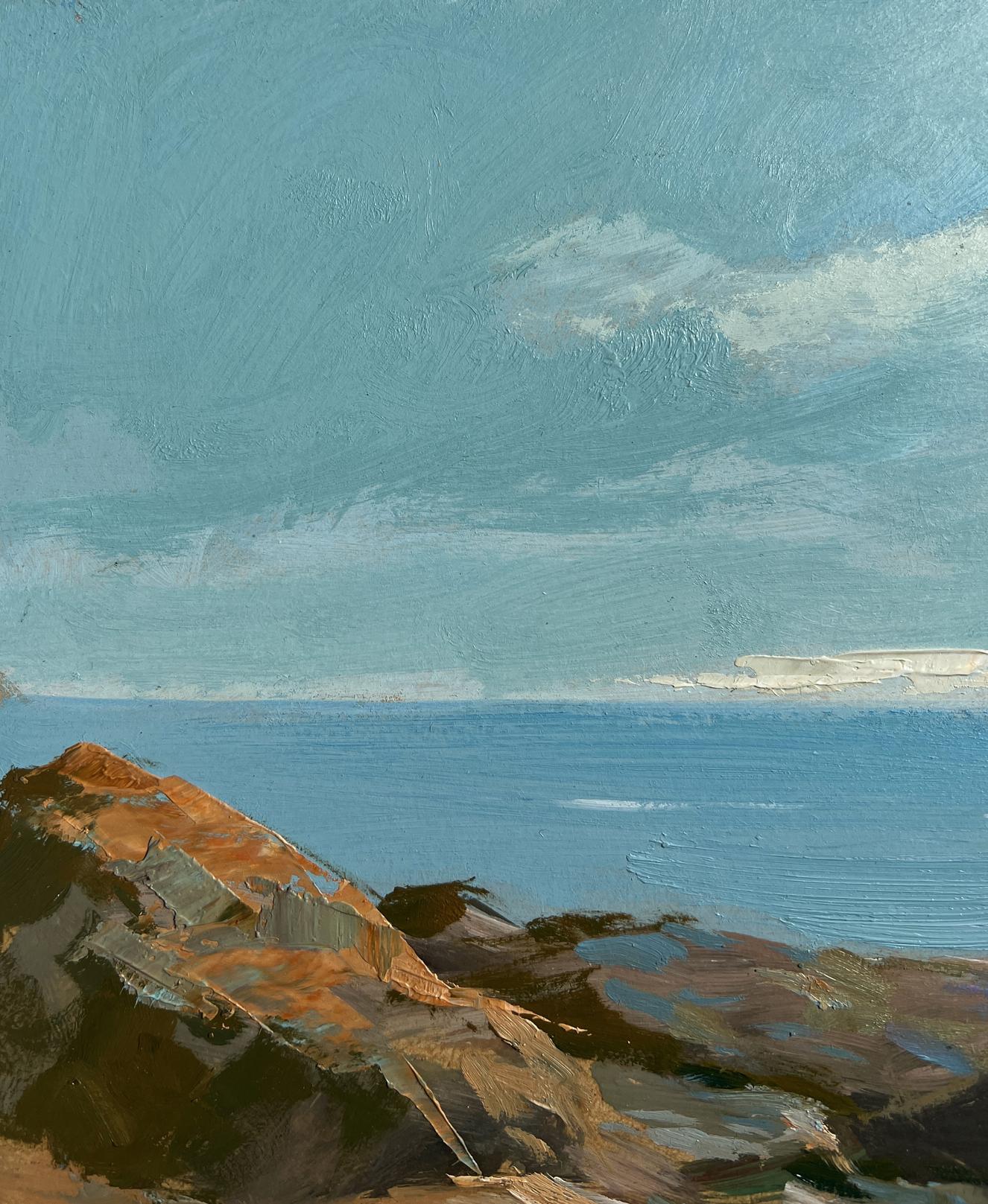 Oil painting of sailboat on sea horizon by Yuriy Suprunchuk coastal scene