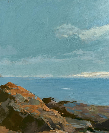 Oil painting of sailboat on sea horizon by Yuriy Suprunchuk coastal scene
