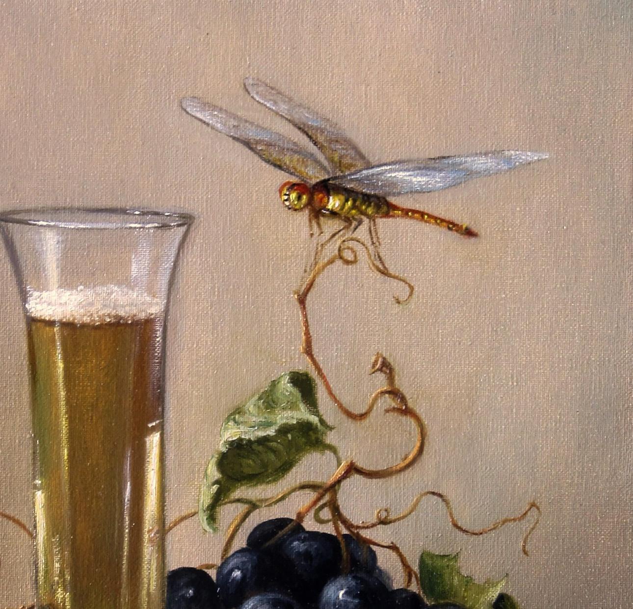 Delicate translucent dragonfly with amber green wings on vine, Valeriy Bulat oil painting