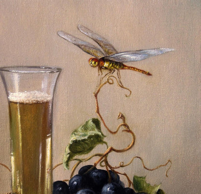 Delicate translucent dragonfly with amber green wings on vine, Valeriy Bulat oil painting