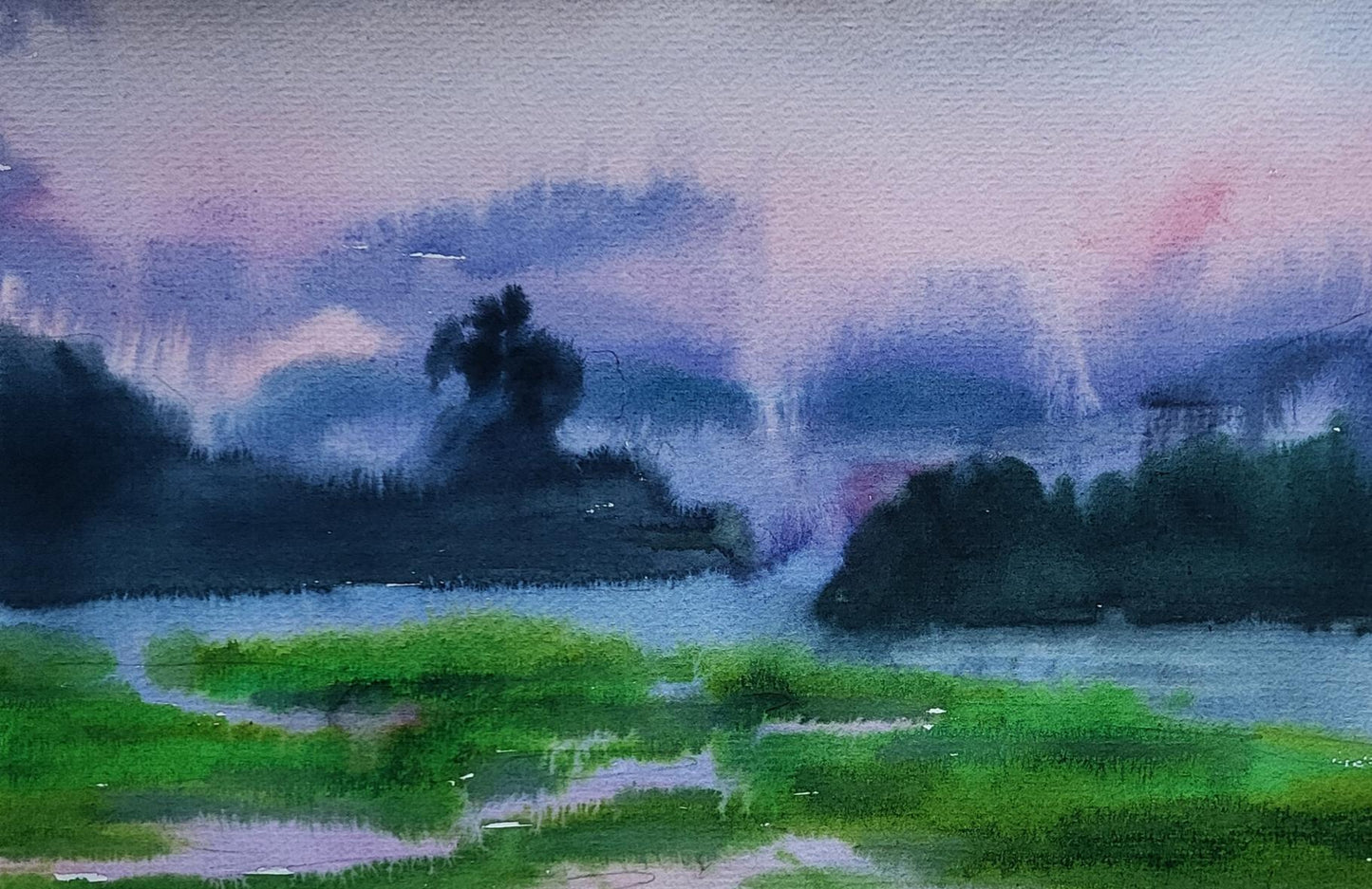 Morning fog watercolor painting by Boris Serdyuk misty hills river green foreground dreamy sky