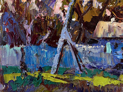 Vibrant impressionist oil painting Shadows of Evening by Oleksiy Ivanyuk with white birch tree