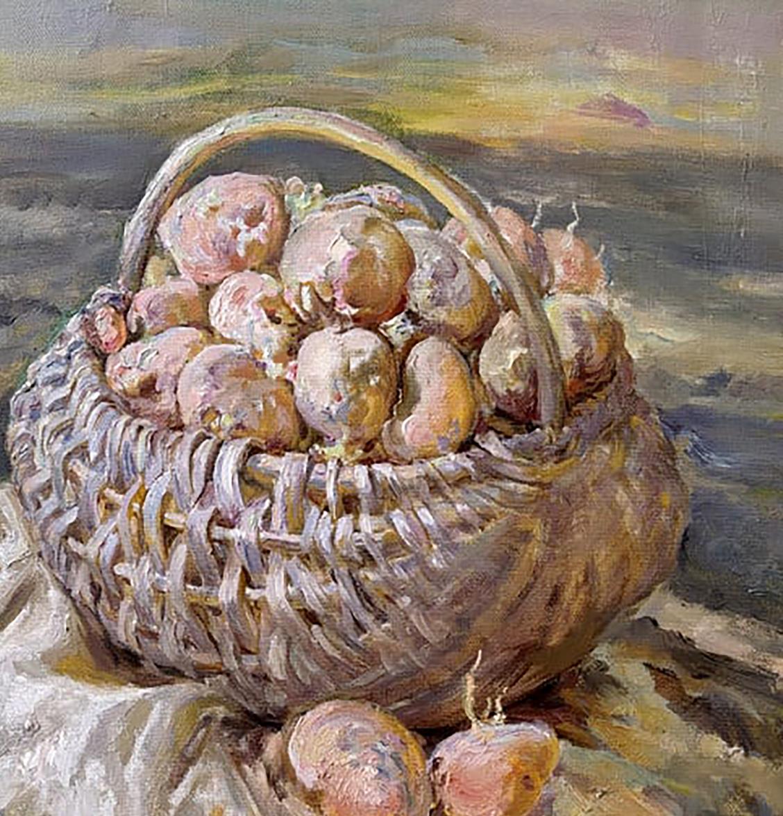 Oil painting by Leonid Pavlenko: wicker basket with earthy potatoes