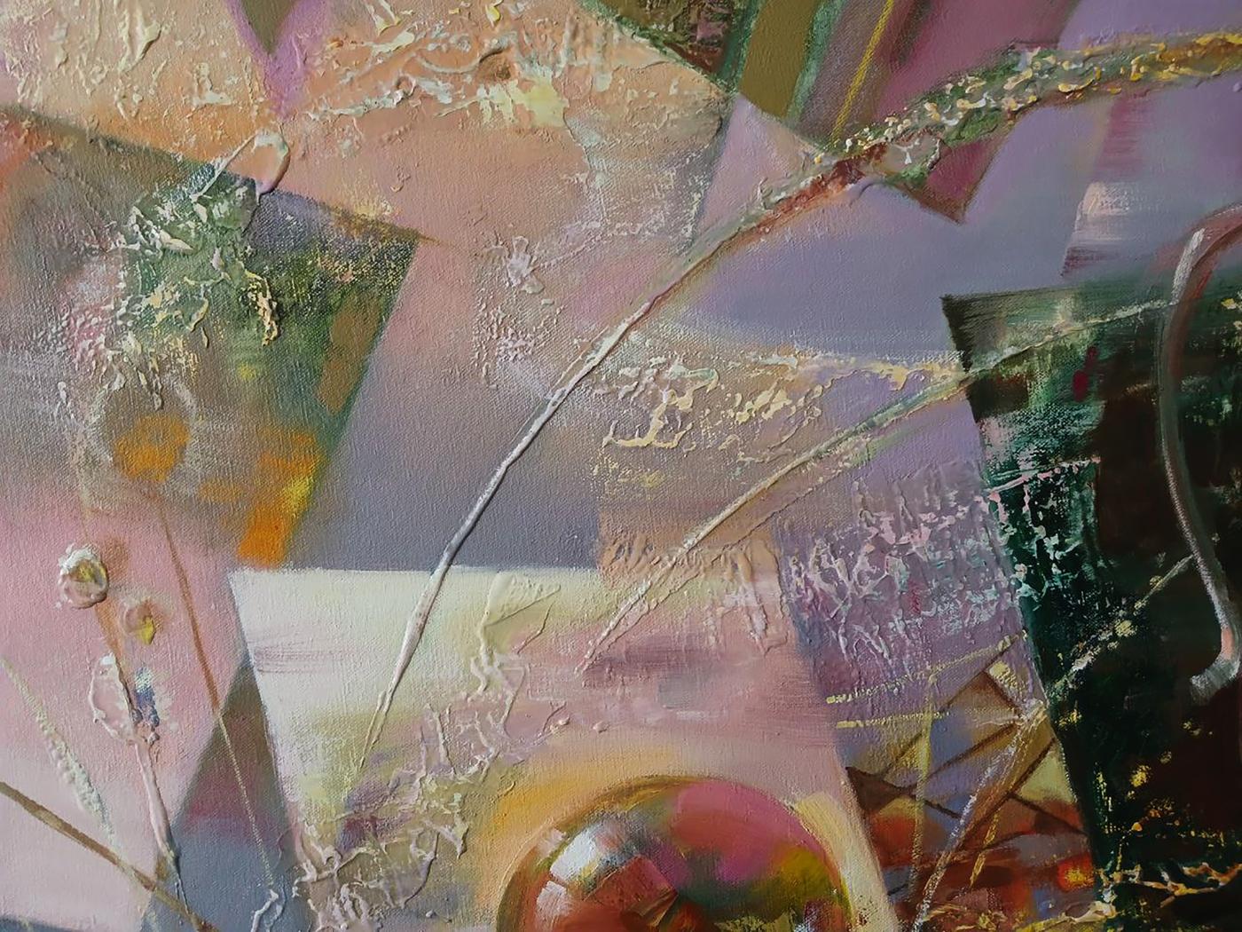 Abstract oil painting Golden Day by Anatoly Tarabanov with pink purple green gold textures