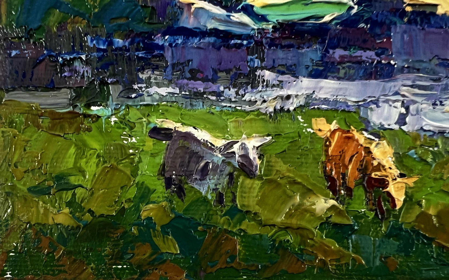 Oil painting Near the river by Oksana Ivanyuk: grazing animals in green field